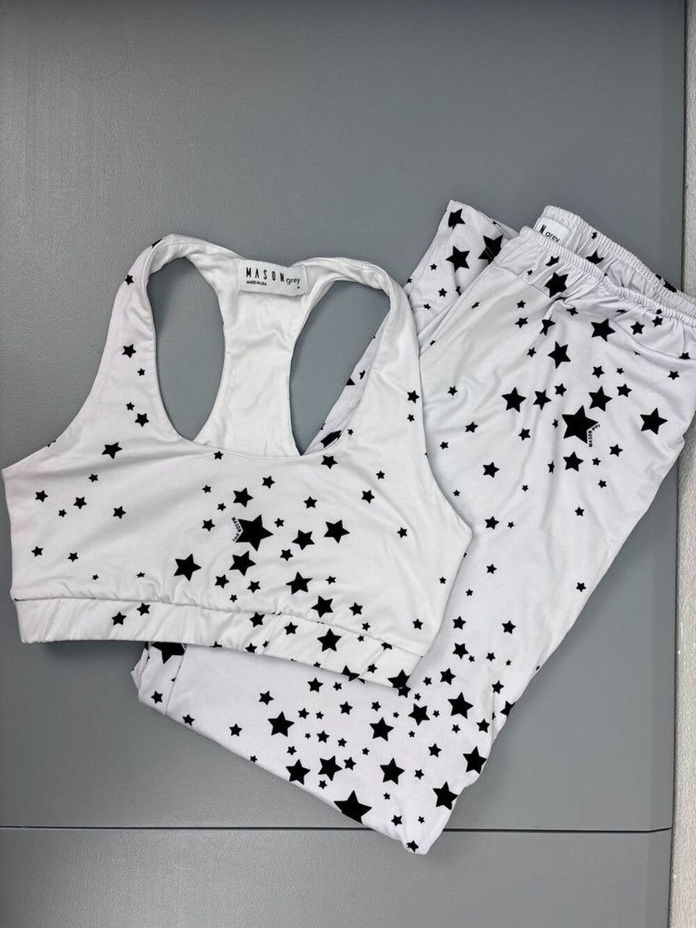 Mason Grey women's medium white black 2pc pajama lunge set star print‎ bra top